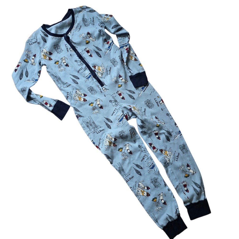 LL Bean Blue Dog Ski‎ Print Long Sleeve One Piece Pajamas Sleepwear M REG
